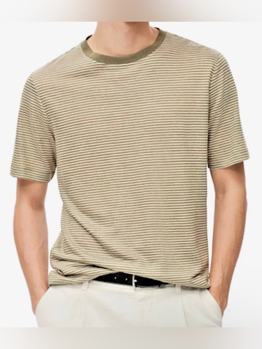 NWT Mango MNG Linen Cotton T-shirt Slim Fit Striped Tee Olive Green White Mens S